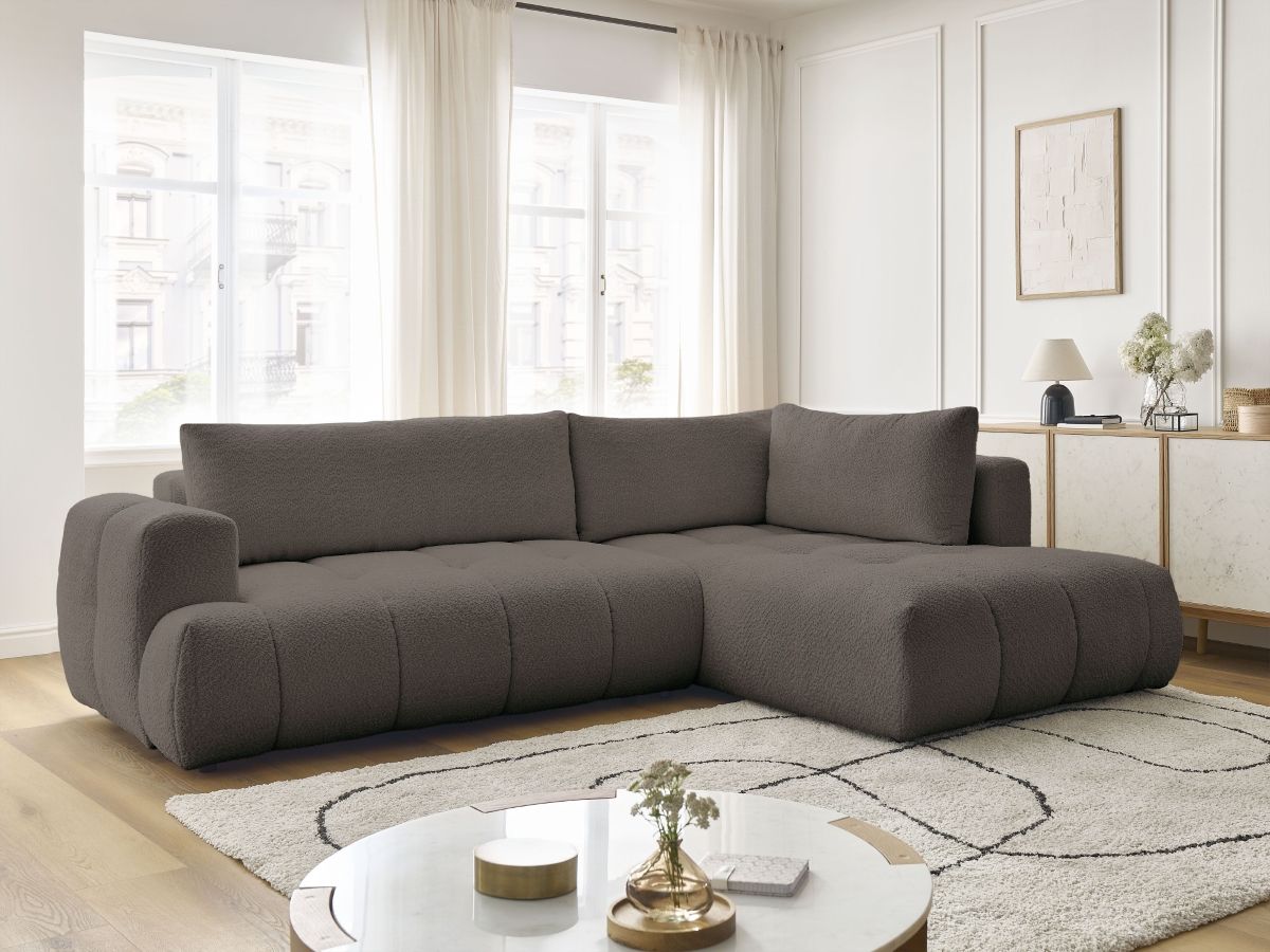 Bobochic Fuji Ecksofa mit Schlaffunktion und Bettkasten 282 × 204 cm Bouclé-Stoff Braun Ecke rechts