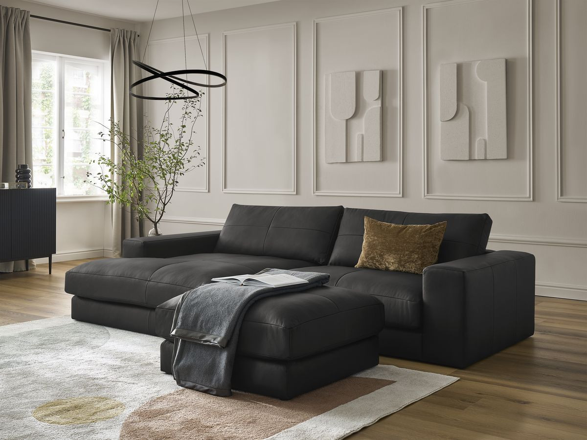 Bobochic Leonard Ecksofa mit Pouf 274 × 159 cm Leder Schwarz Ecke links