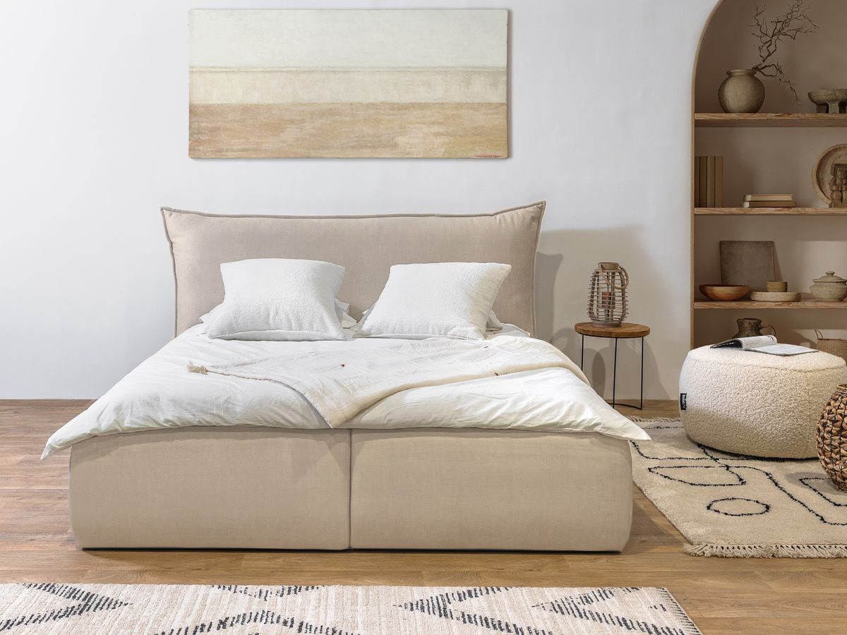 Bobochic Jade Polsterbett mit Bettkasten Stoff Beige, Liegefläche 160 × 200 cm