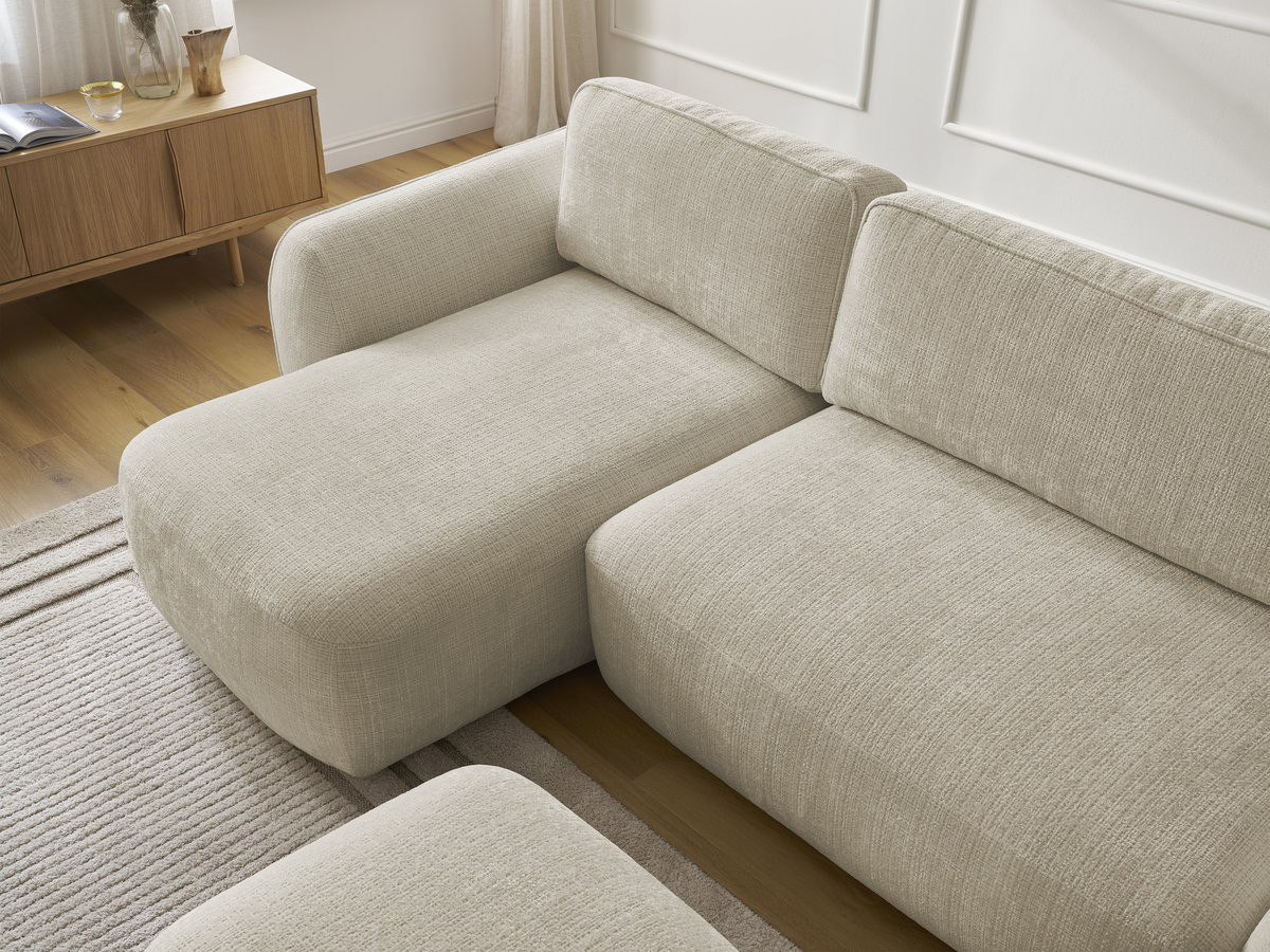Bobochic Denise Ecksofa mit Schlaffunktion und Bettkasten und Pouf 258 × 160 cm Strukturstoff Beige Ecke links
