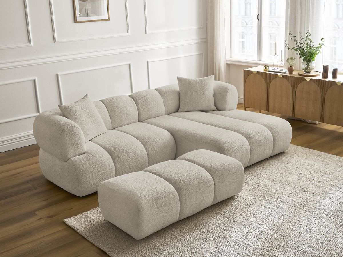 Bobochic Pamira Ecksofa mit Pouf Bouclé-Stoff Beige Ecke rechts