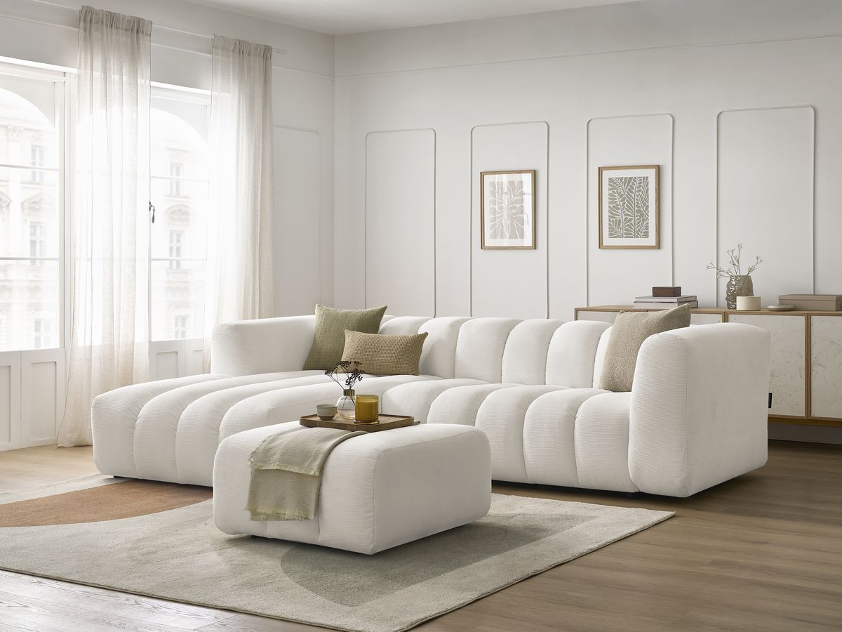 Bobochic Talia Ecksofa mit Pouf Melange-Stoff Weiß Ecke links