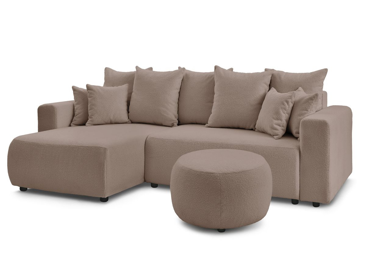 Bobochic Envy Ecksofa mit Schlaffunktion und Bettkasten und rundem Pouf Bouclé-Stoff Braun