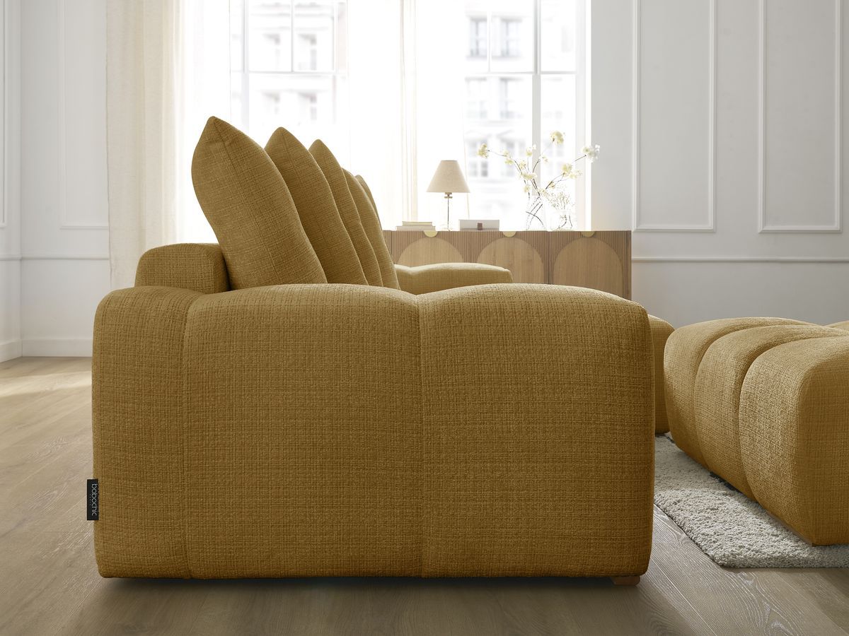 Bobochic Anakin Ecksofa mit Schlaffunktion und Bettkasten und Pouf, 6 Kissen Strukturstoff Gelb