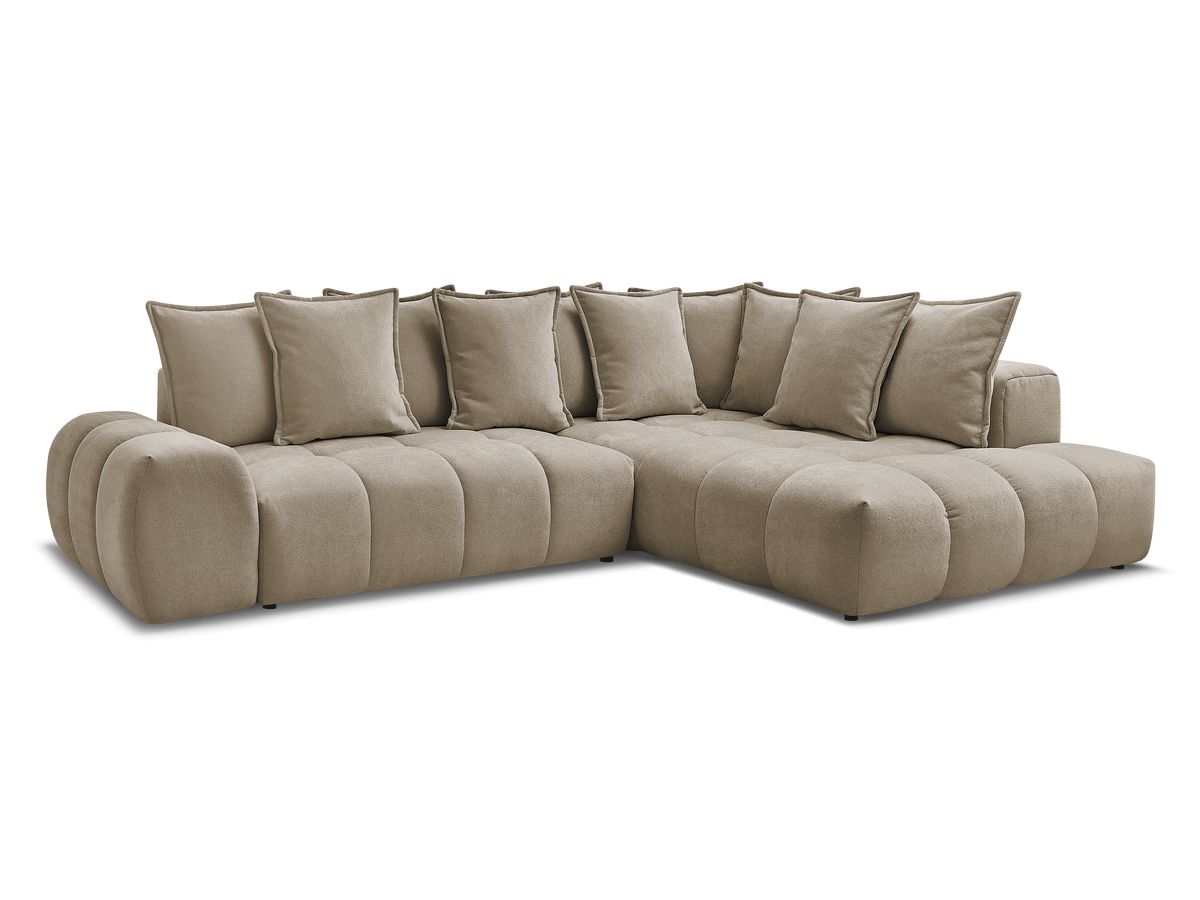 Bobochic Everest Ecksofa mit Schlaffunktion und Bettkasten 320 × 212 cm, 10 Kissen Strukturstoff Taupe Ecke rechts