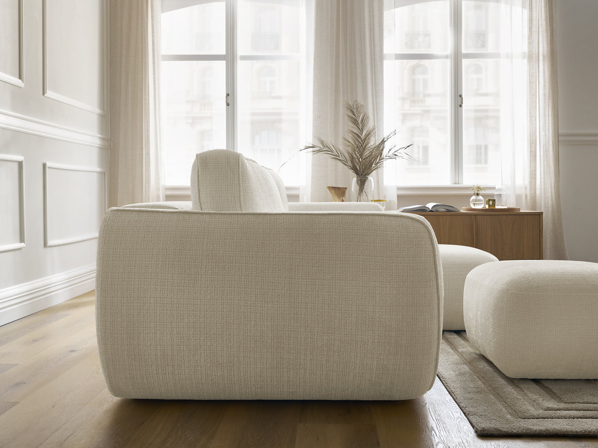 Bobochic Denise Ecksofa mit Schlaffunktion und Bettkasten und Pouf 258 × 160 cm Strukturstoff Beige Ecke rechts