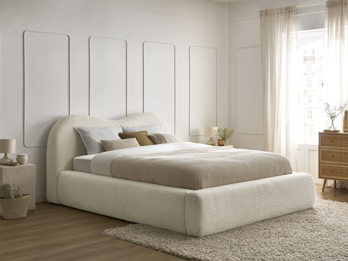 Bobochic Orlane Polsterbett mit Bettkasten Bouclé-Stoff Beige, Liegefläche 140 × 190 cm