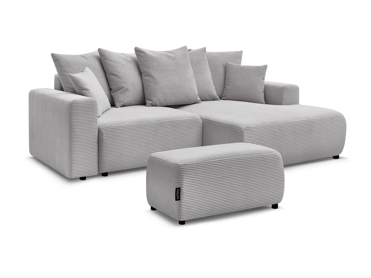 Bobochic Atilla Ecksofa mit Schlaffunktion und Bettkasten und Pouf Cordsamt Hellgrau Ecke rechts
