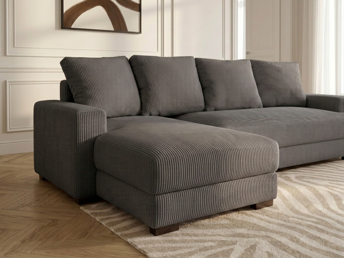 Bobochic Campi Ecksofa mit Schlaffunktion und Bettkasten Cordsamt Dunkelgrau Ecke links