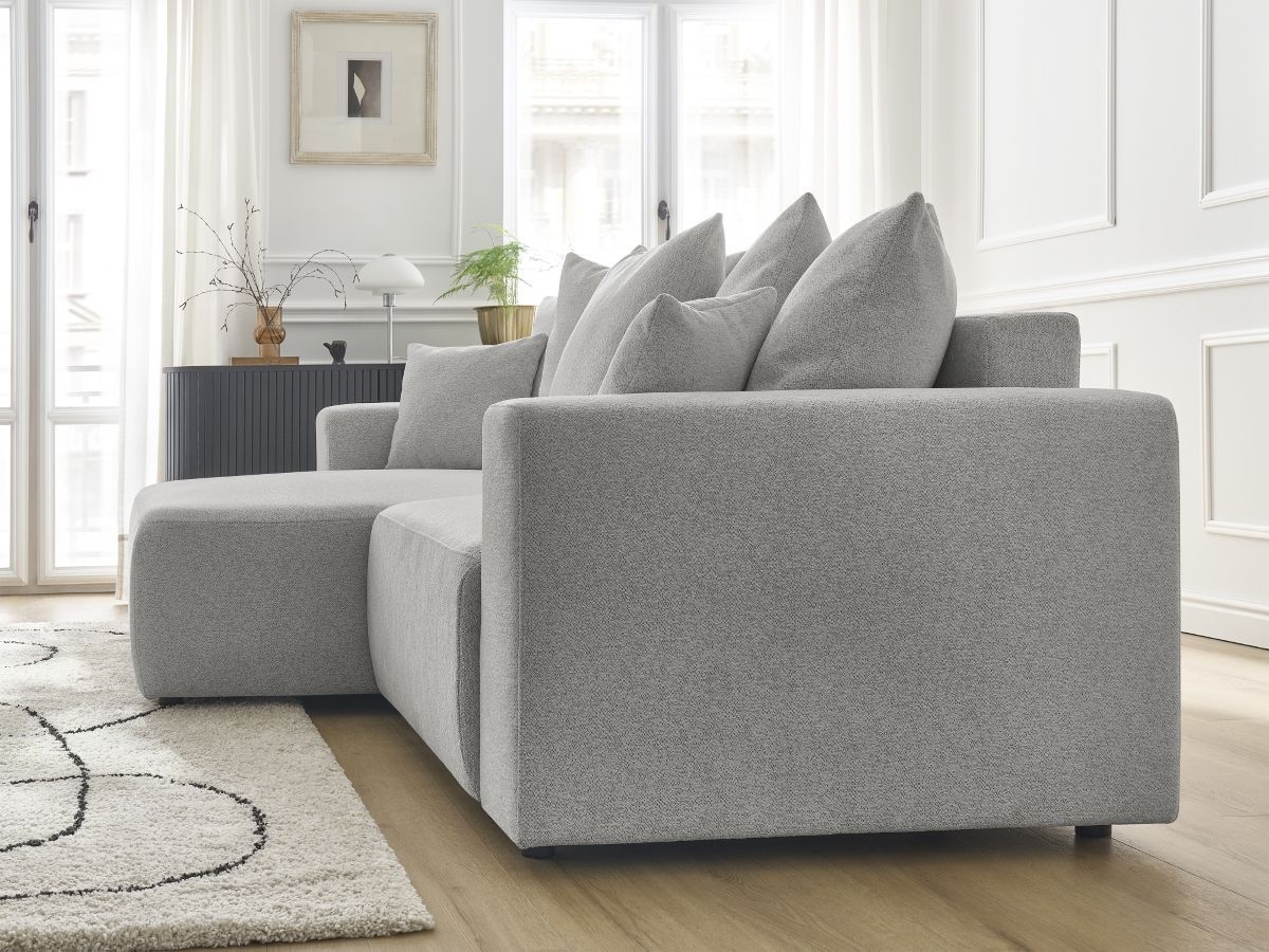 Bobochic Atilla Ecksofa mit Schlaffunktion und Bettkasten Melange-Stoff Hellgrau Ecke links