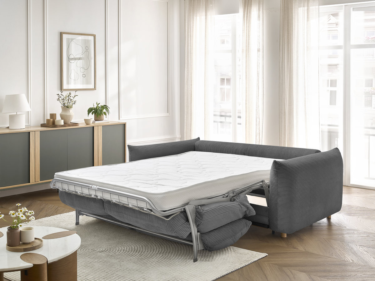 Bobochic Ernest Schlafsofa 3-Sitzer, Liegefläche 140 / 160 × 190 cm Cordsamt Dunkelgrau, Liegefläche 140 × 190 cm