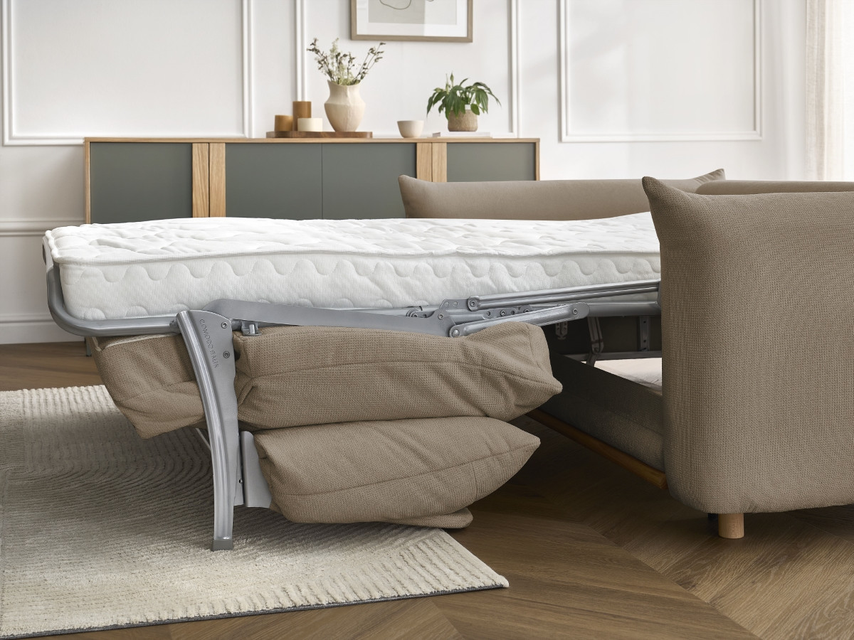 Bobochic Ernest Schlafsofa 3-Sitzer, Liegefläche 190 × 140 / 160 cm Stoff Taupe, Liegefläche 140 × 190 cm