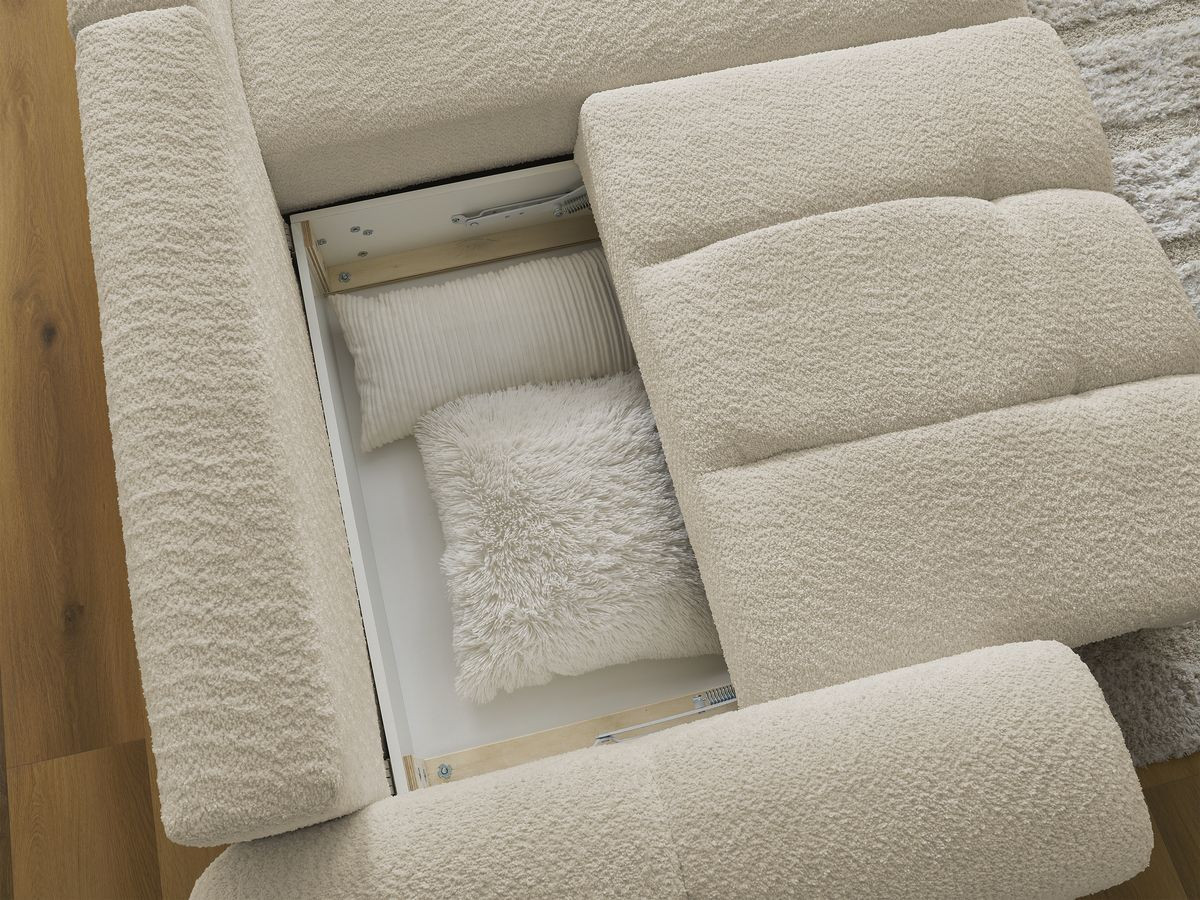 Bobochic Roxelane Ecksofa mit Schlaffunktion und Bettkasten und Pouf 258 × 150 cm Bouclé-Stoff Beige Ecke rechts