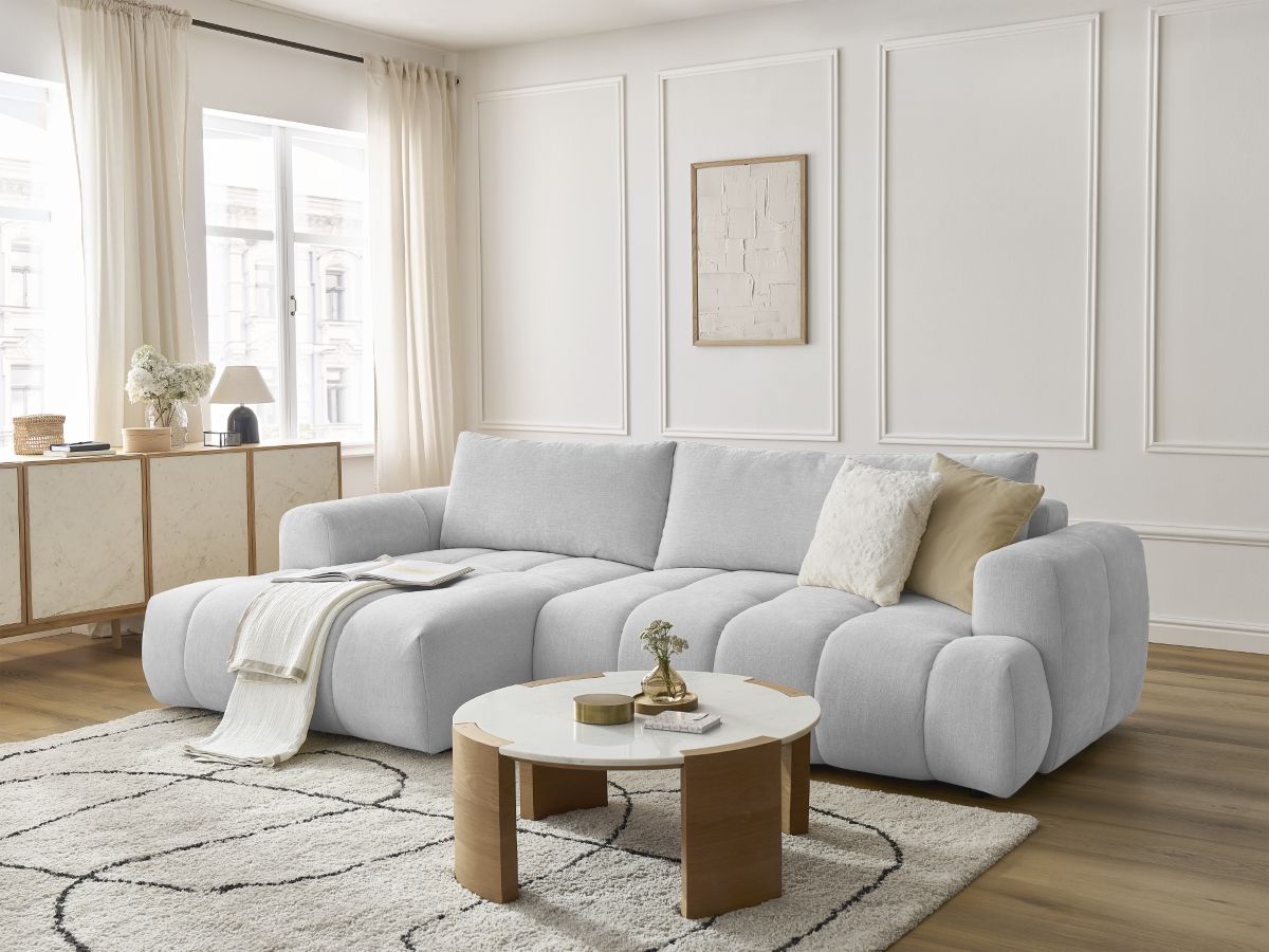 Bobochic Fuji Ecksofa mit Schlaffunktion und Bettkasten 292 × 160 cm Stoff Hellgrau Ecke links