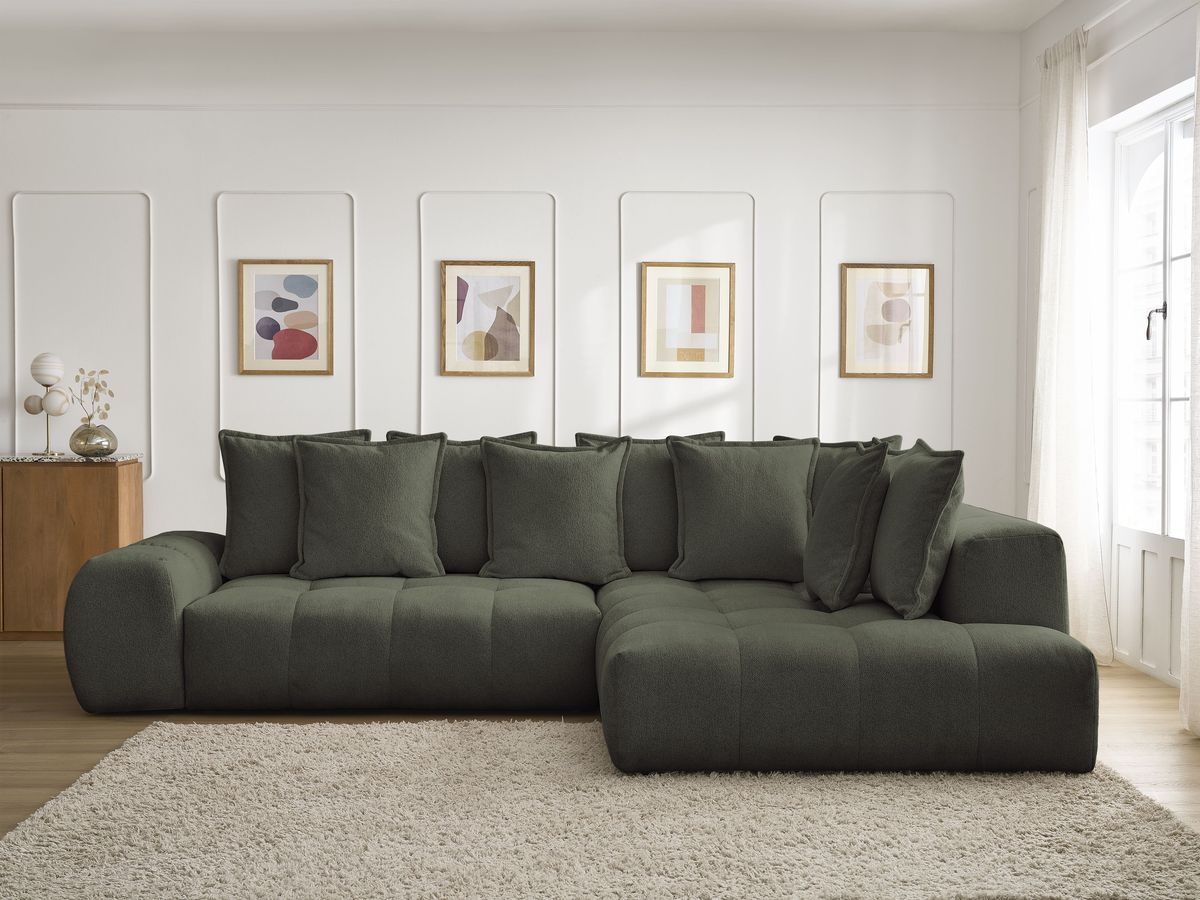 Bobochic Everest Ecksofa mit Schlaffunktion und Bettkasten 320 × 212 cm, 10 Kissen Melange-Stoff Grün Ecke rechts