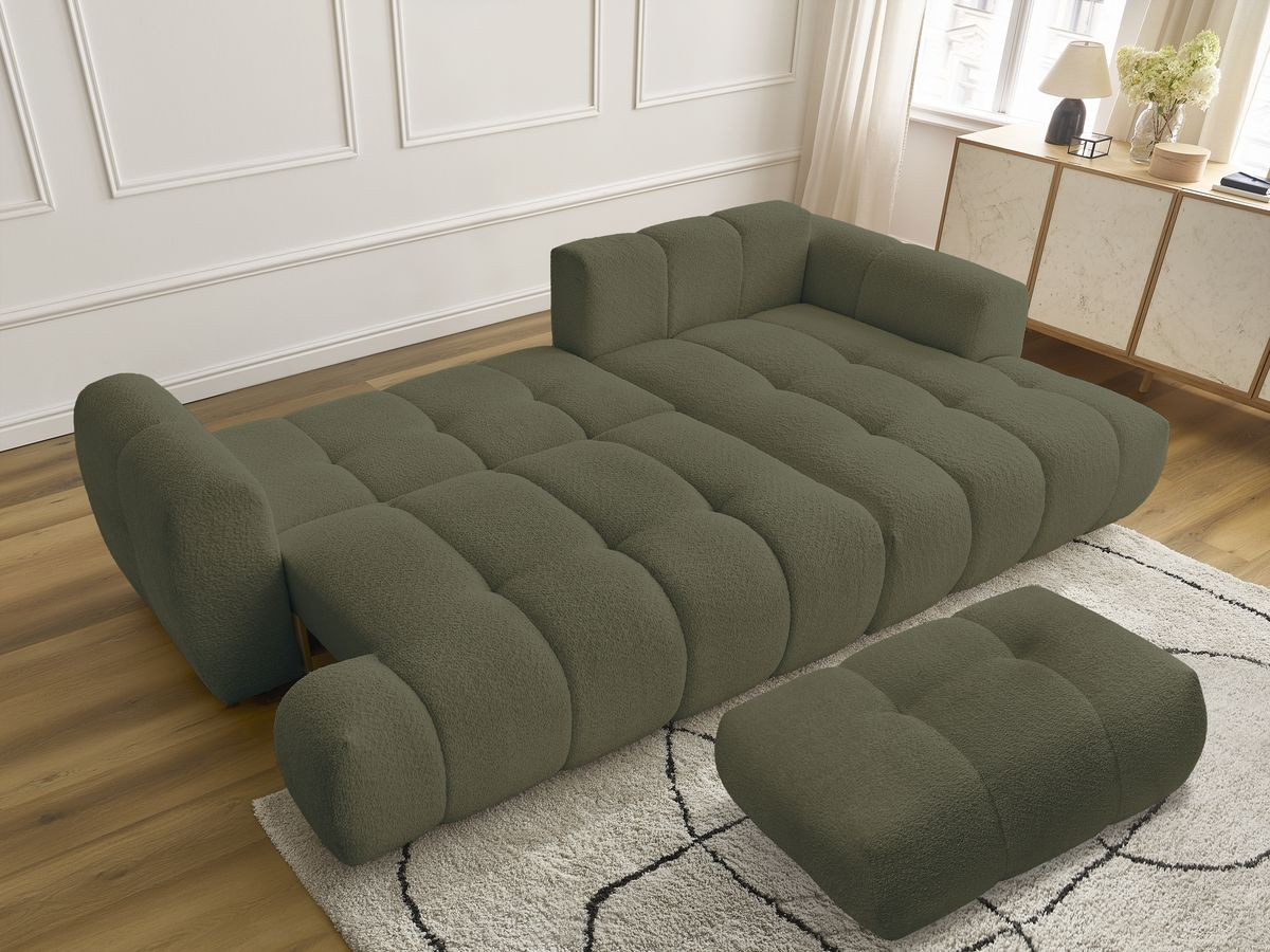 Bobochic Fuji Ecksofa mit Schlaffunktion und Bettkasten und Pouf 292 × 160 cm Bouclé-Stoff Grün Ecke rechts