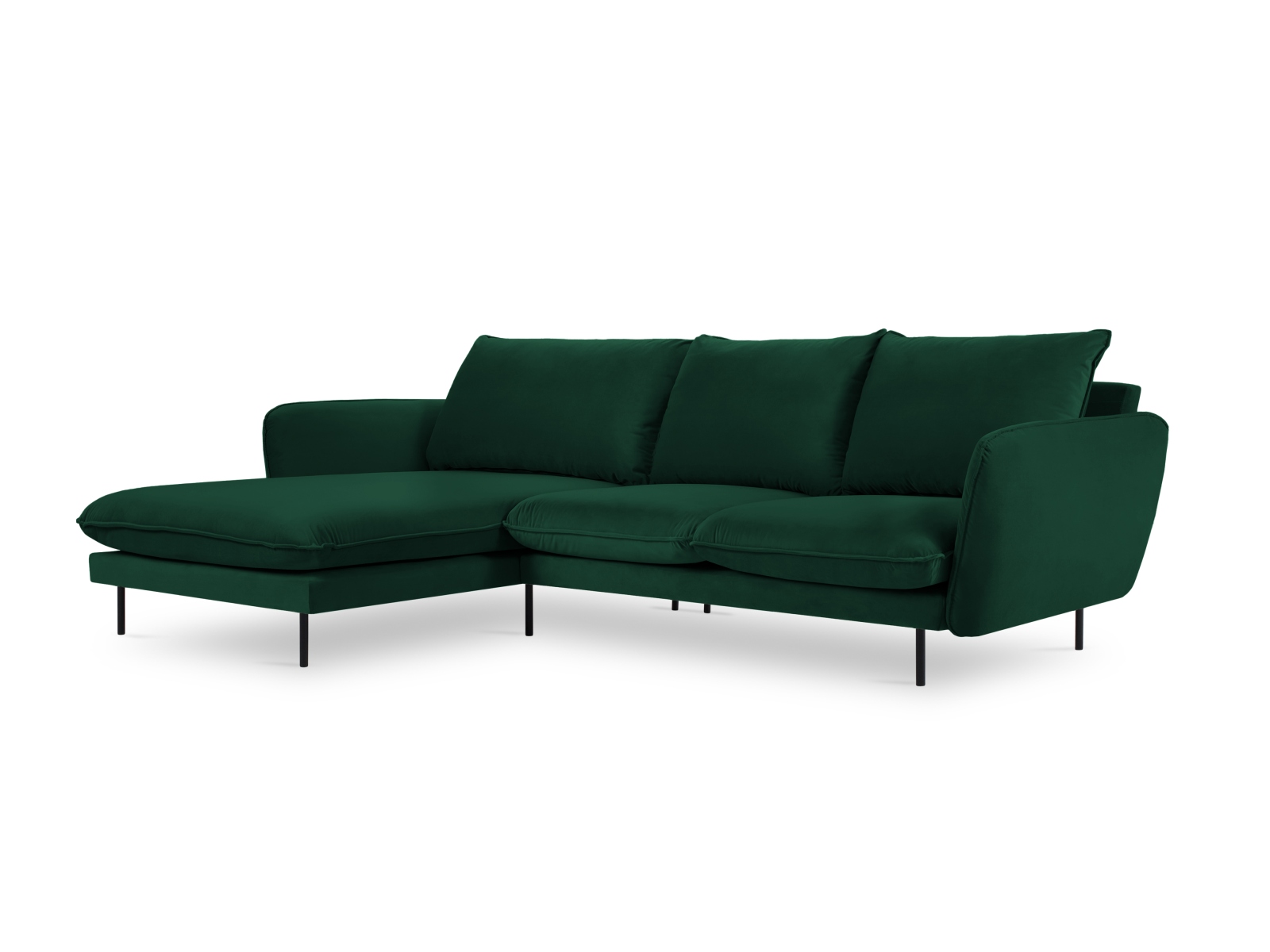 Cosmopolitan Design Ecksofa Vienna 5-Sitzer Samt Bluvel Flaschengrün Links Beine Schwarzes Metall