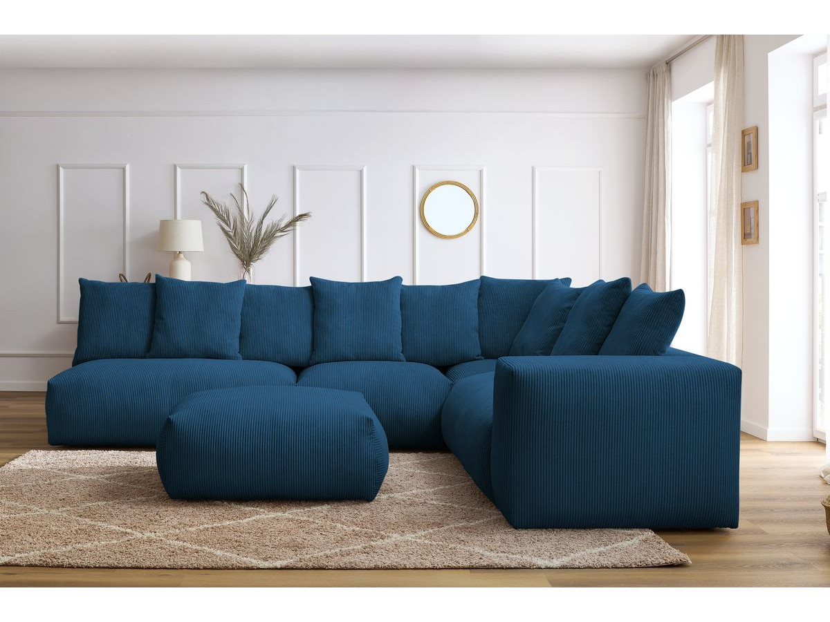 Bobochic Voltaire Ecksofa mit Pouf 322 × 268 cm Cordsamt Dunkelblau Ecke rechts