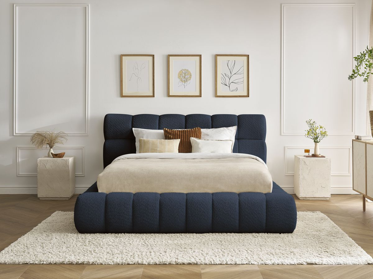 Bobochic Mont-blanc Polsterbett mit Bettkasten Bouclé-Stoff Dunkelblau, Liegefläche 140 × 190 cm