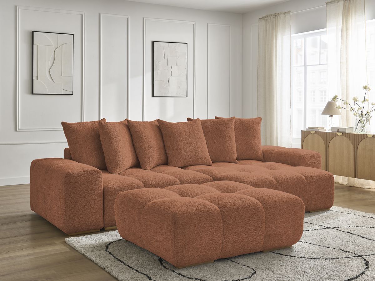 Bobochic Anakin Ecksofa mit Pouf, 6 Kissen Bouclé-Stoff Orange
