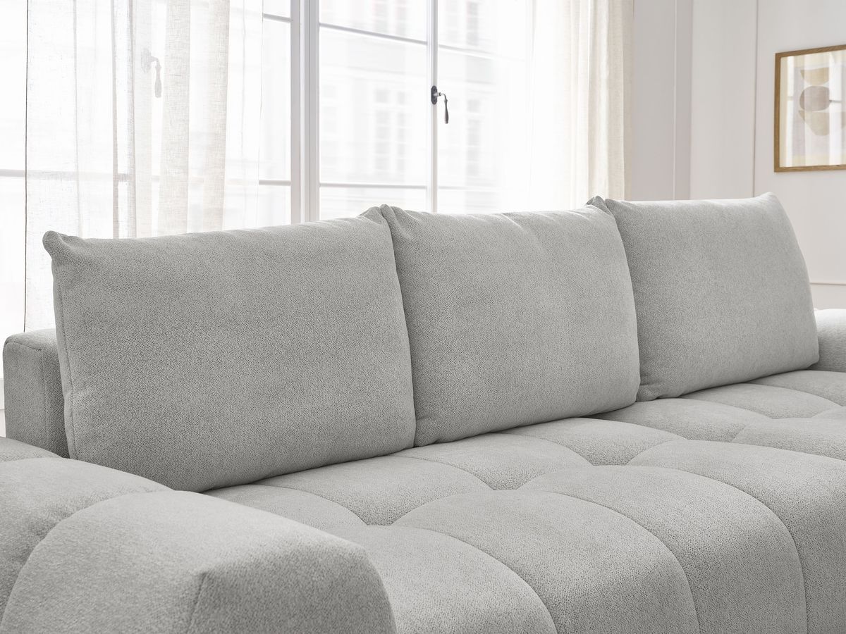 Bobochic Everest Ecksofa mit Schlaffunktion und Bettkasten 318 × 180 cm, 3 Kissen Melange-Stoff Hellgrau Ecke rechts
