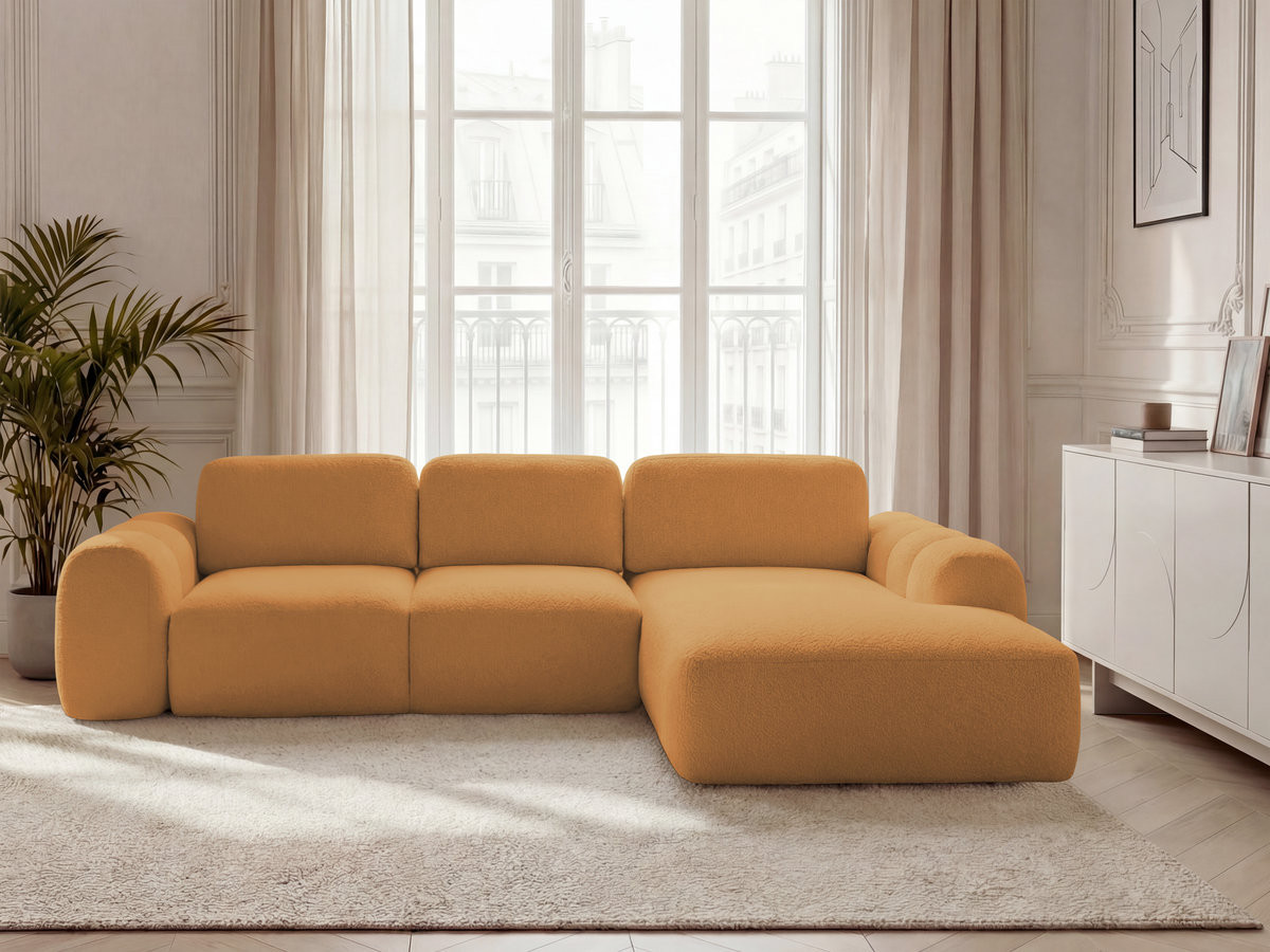 Bobochic Montaigne Ecksofa mit Schlaffunktion und Bettkasten 288 × 196 cm Bouclé-Stoff Gelb Ecke rechts