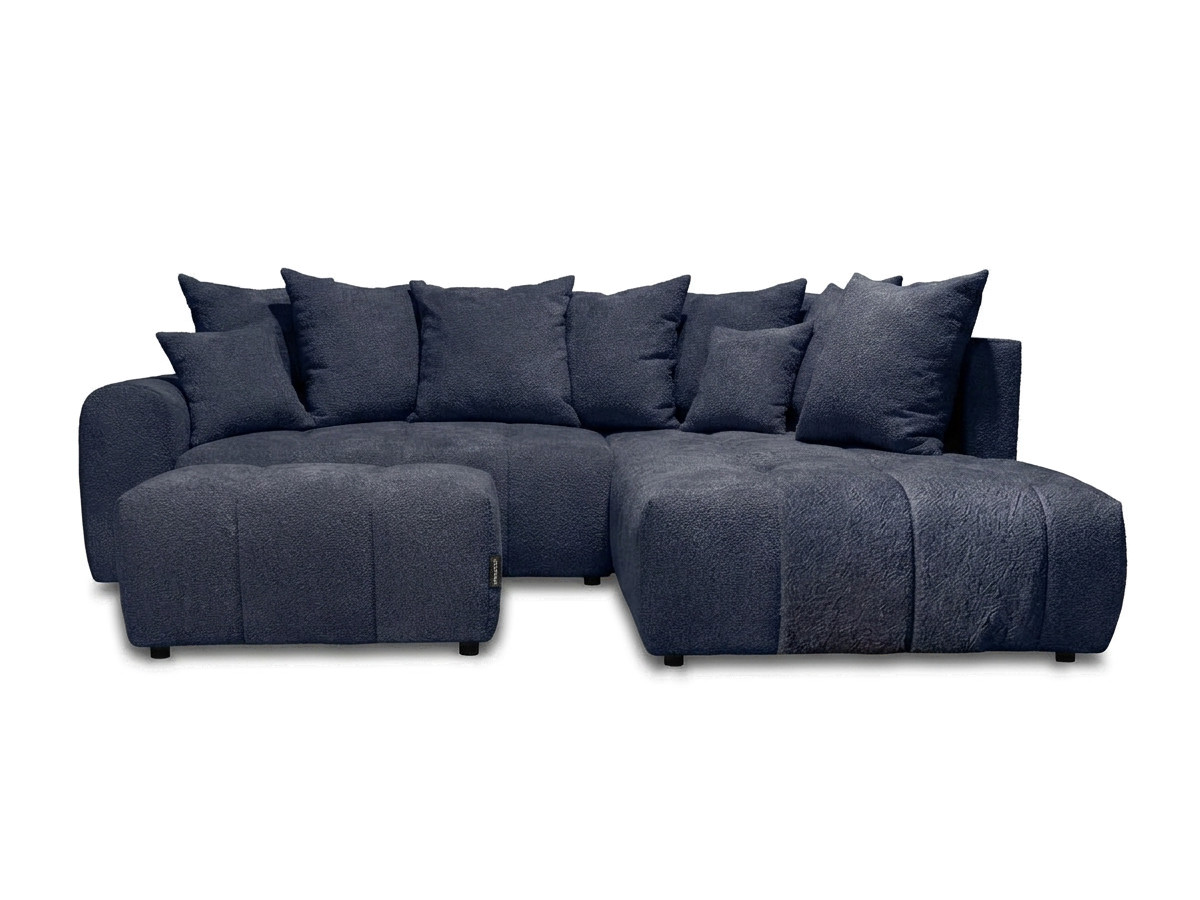 Bobochic Roxelane Ecksofa mit Schlaffunktion und Bettkasten und Pouf Bouclé-Stoff Dunkelblau Ecke rechts
