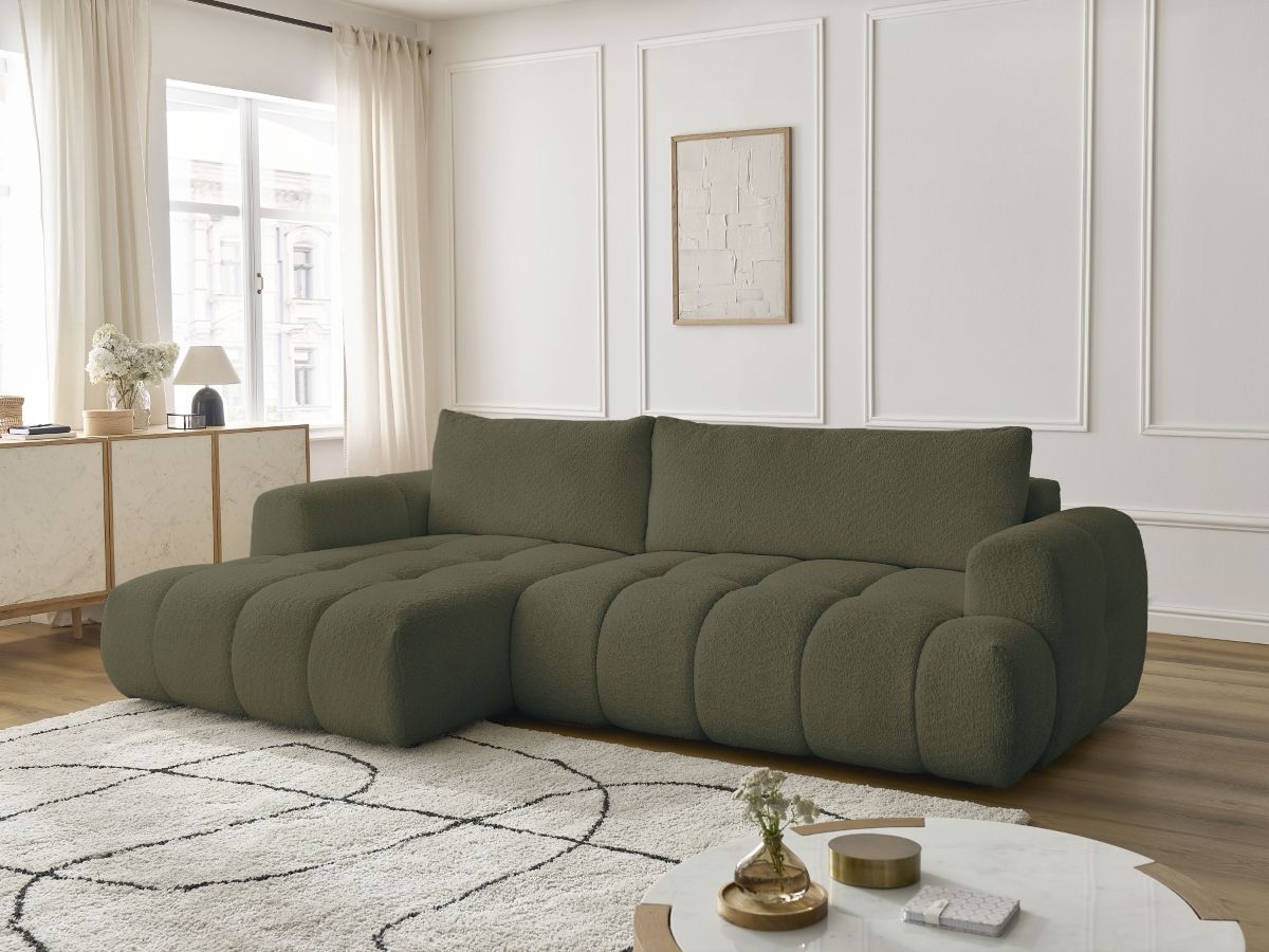 Bobochic Fuji Ecksofa mit Schlaffunktion und Bettkasten 292 × 160 cm Bouclé-Stoff Grün Ecke links