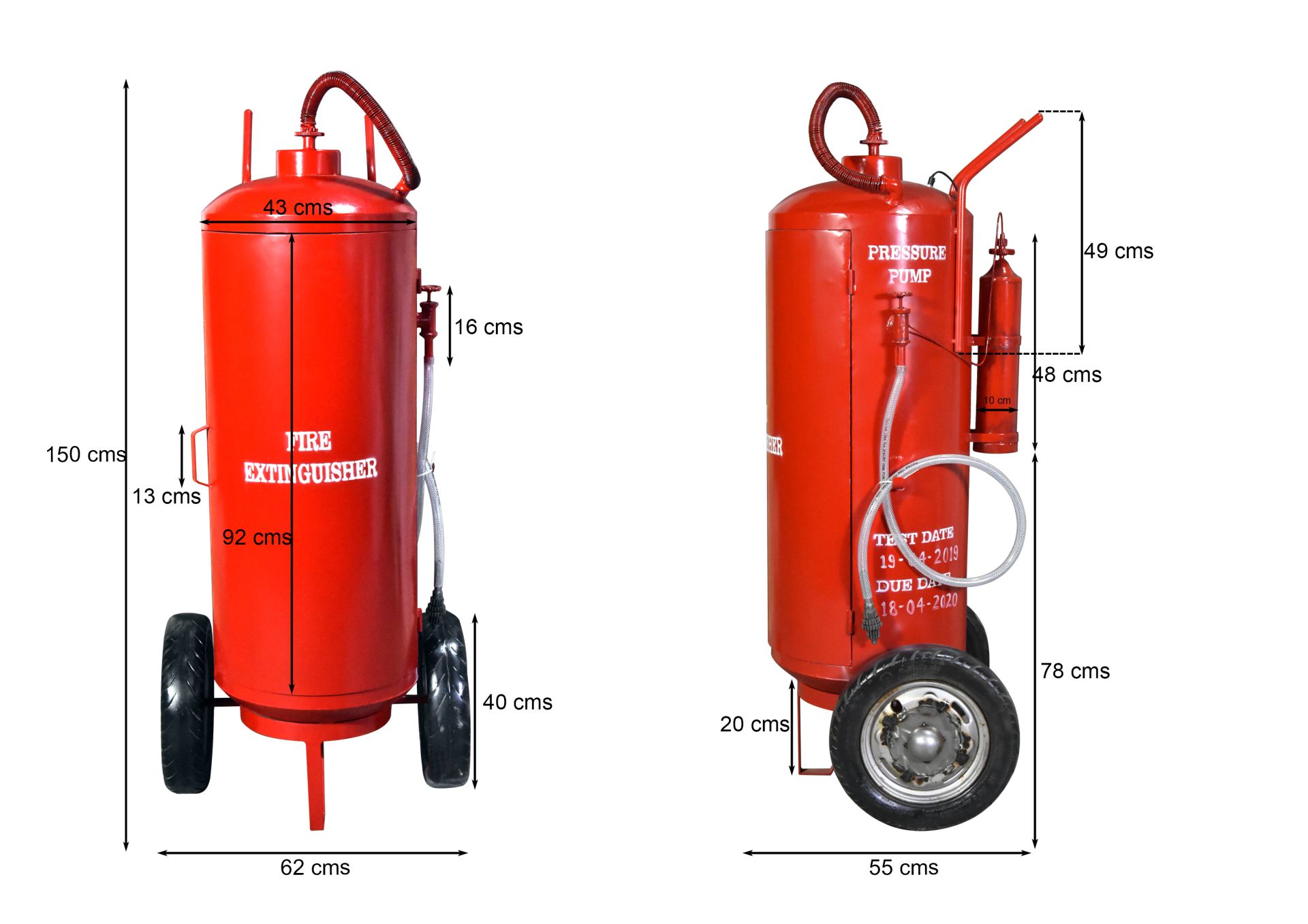 Möbelfaktor PyroVault Industrial-Minibar in Rot – Maßzeichnung mit Höhe 150 cm, Breite 62 cm und Tiefe 55 cm