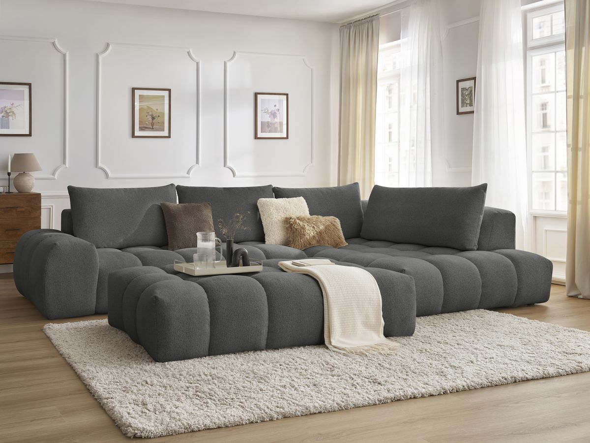 Bobochic Everest Ecksofa mit Schlaffunktion und Pouf, 4 Kissen Melange-Stoff Dunkelgrau Ecke rechts