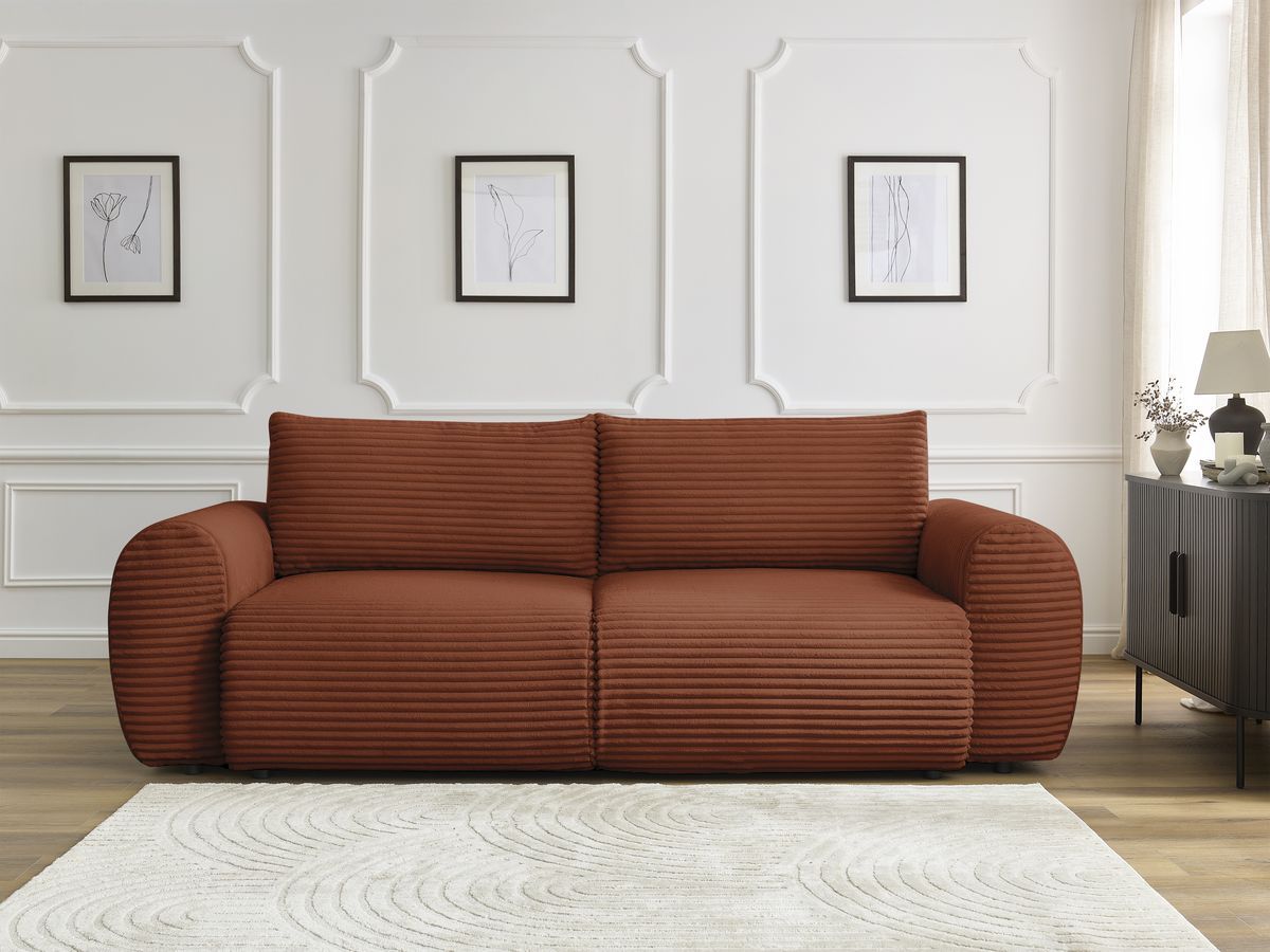 Bobochic Lucien Schlafsofa 3-Sitzer mit Bettkasten Breitcord weich Orange