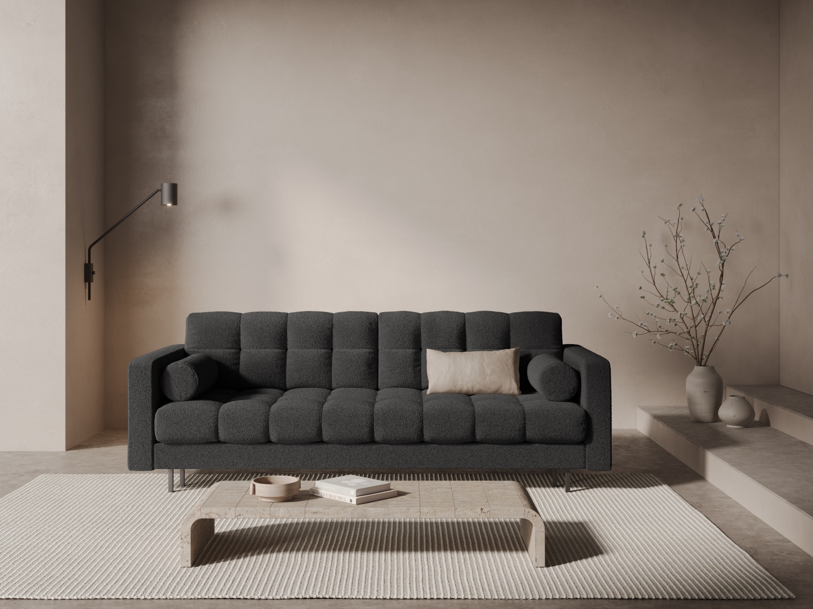 Cosmopolitan Design Schlafsofa Bali 3-Sitzer mit Bettkasten Boucle Baloo Dunkelgrau