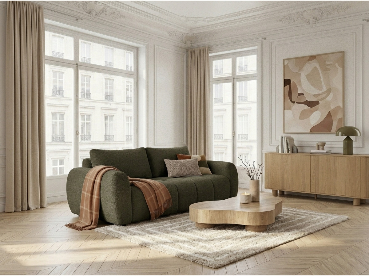 Bobochic Fuji Schlafsofa 3-Sitzer Bouclé-Stoff Grün