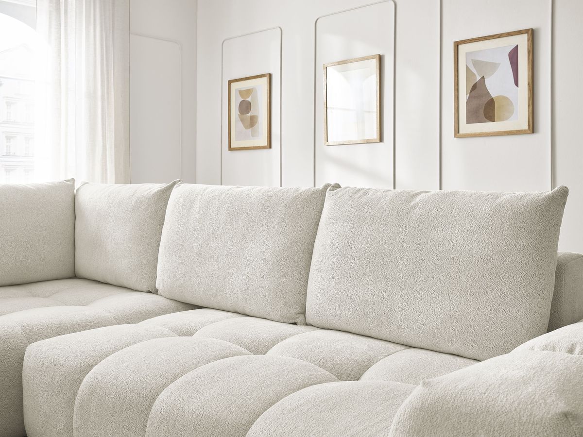 Bobochic Everest Ecksofa mit Schlaffunktion und Bettkasten 320 × 212 cm, 5 Kissen Melange-Stoff Weiß Ecke links