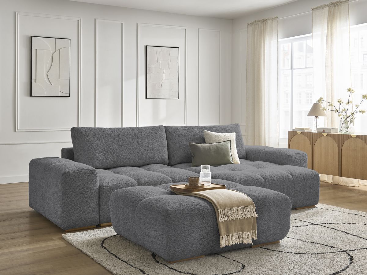 Bobochic Anakin Ecksofa mit Pouf, 2 Kissen Bouclé-Stoff Dunkelgrau