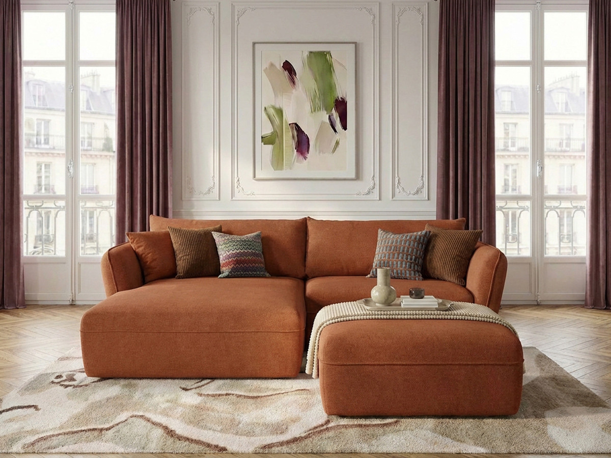 Bobochic Luigi Ecksofa mit Pouf Strukturstoff Orange Ecke links