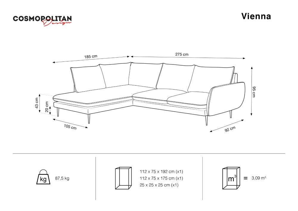 Cosmopolitan Design Ecksofa Vienna 6-Sitzer Samt Bluvel Hellgrau Links Beine Gold