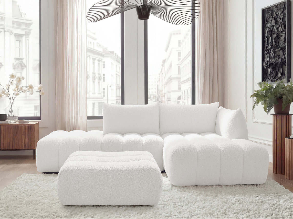 Bobochic Azra Ecksofa mit Pouf 319 × 178 cm Bouclé-Stoff Weiß Ecke rechts