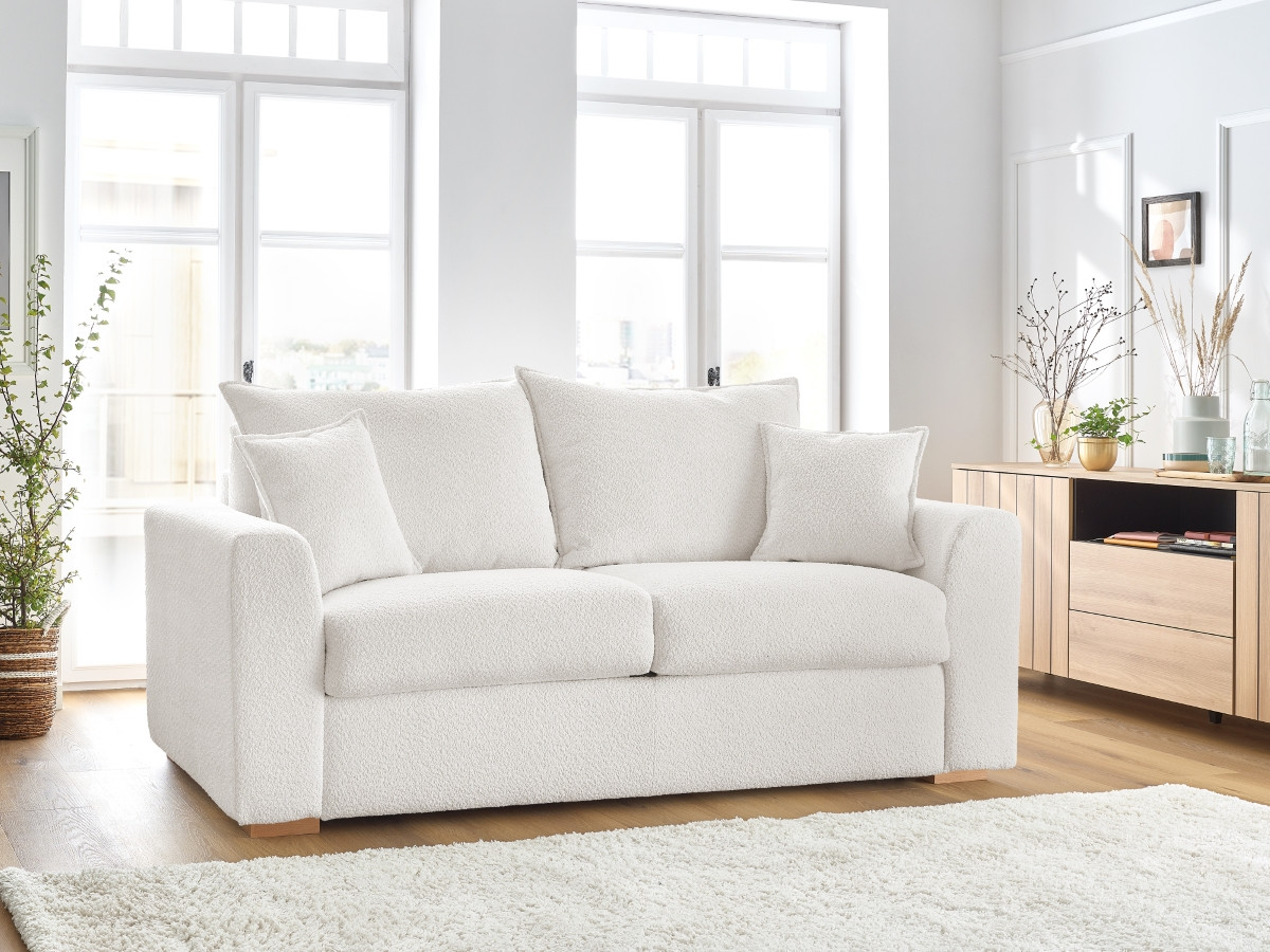 Bobochic Augustin Schlafsofa 3-Sitzer Bouclé-Stoff Weiß, Liegefläche 140 × 200 cm