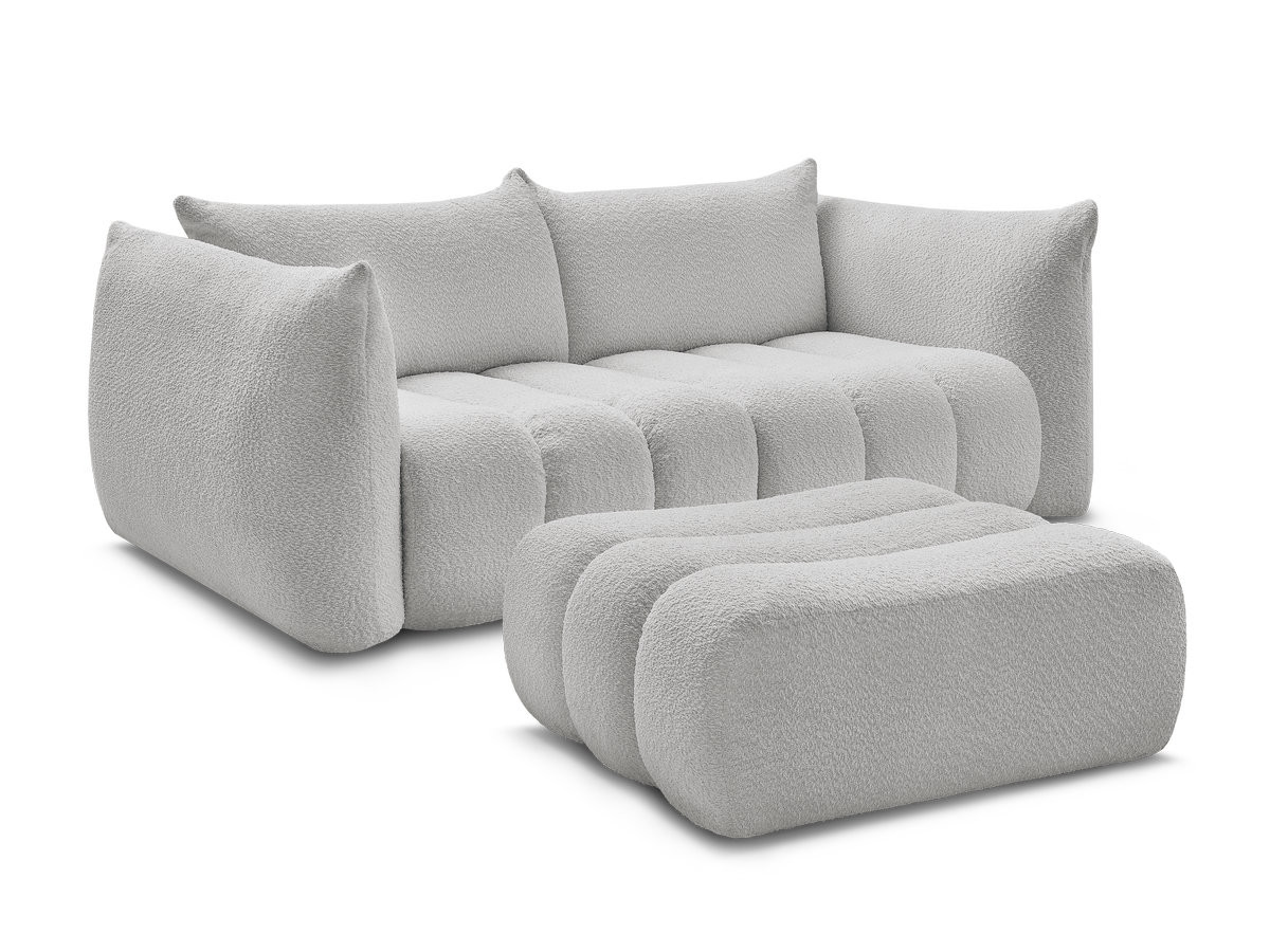 Bobochic Azra Sofa 3-Sitzer mit Pouf Bouclé-Stoff Hellgrau