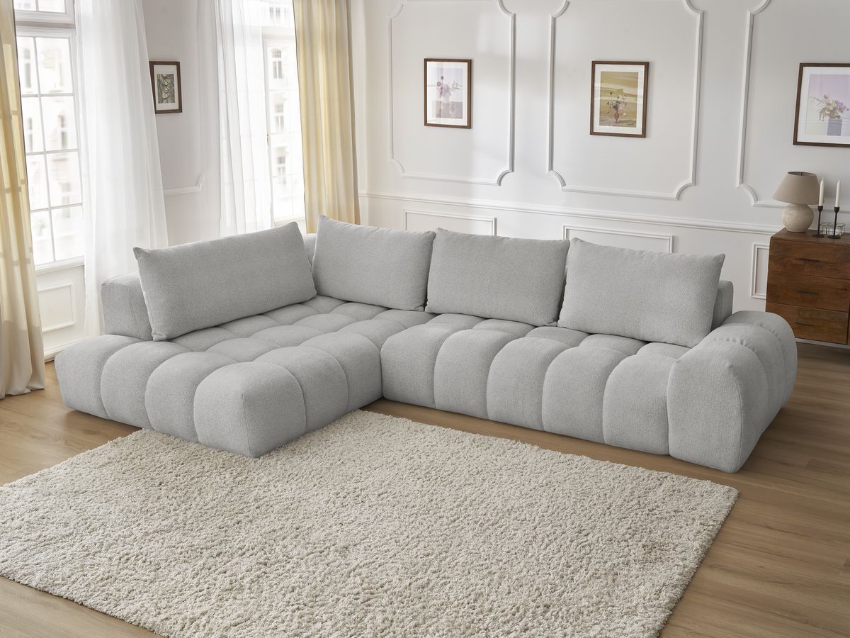 Bobochic Everest Ecksofa, 4 Kissen Melange-Stoff Hellgrau Ecke links