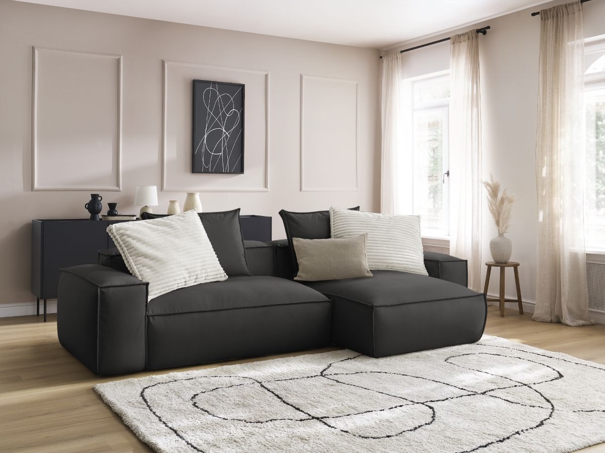 Bobochic Boheme Ecksofa, 3 Kissen Kunstleder Schwarz