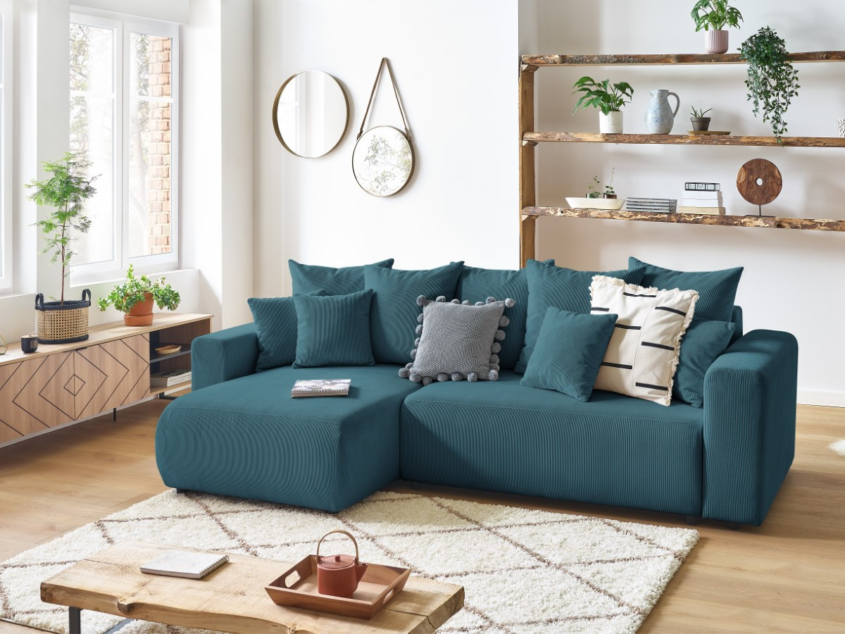 Bobochic Envy Ecksofa mit Schlaffunktion und Bettkasten Cordsamt Dunkelblau