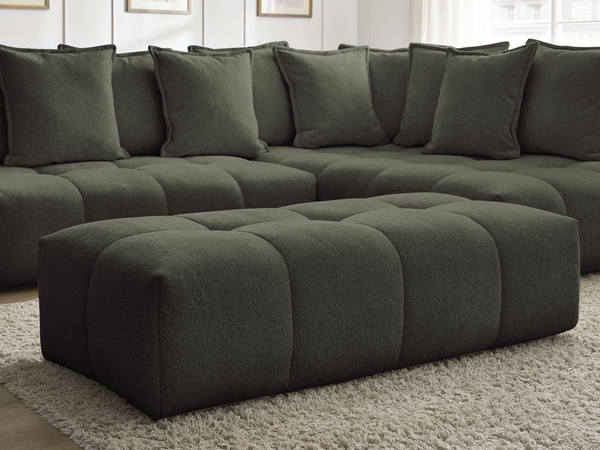 Bobochic Everest Ecksofa mit Schlaffunktion und Bettkasten und Pouf 320 × 212 cm, 10 Kissen Melange-Stoff Grün Ecke rechts