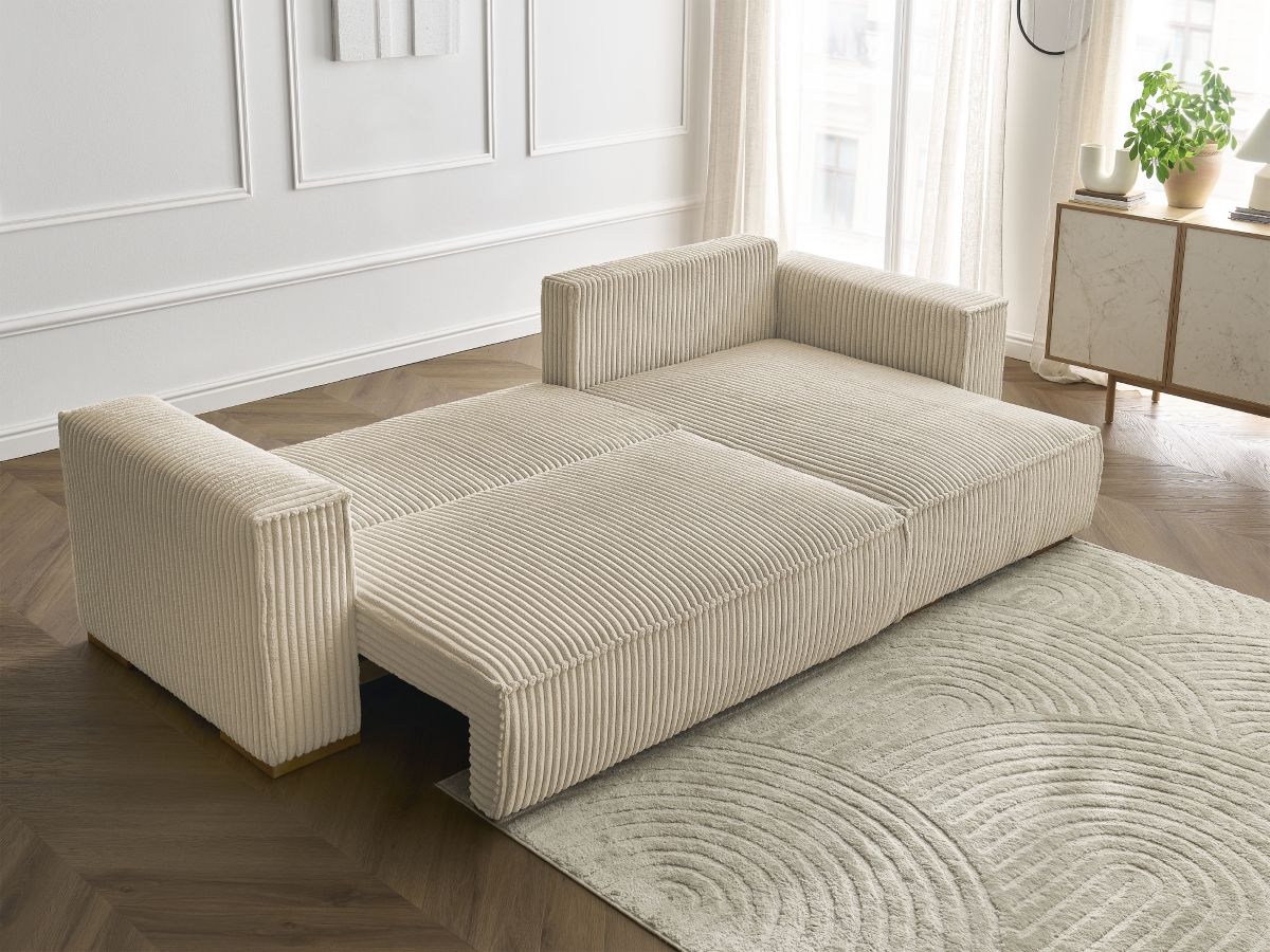 Bobochic Chelsea Ecksofa mit Schlaffunktion und Bettkasten Breitcord weich Taupe