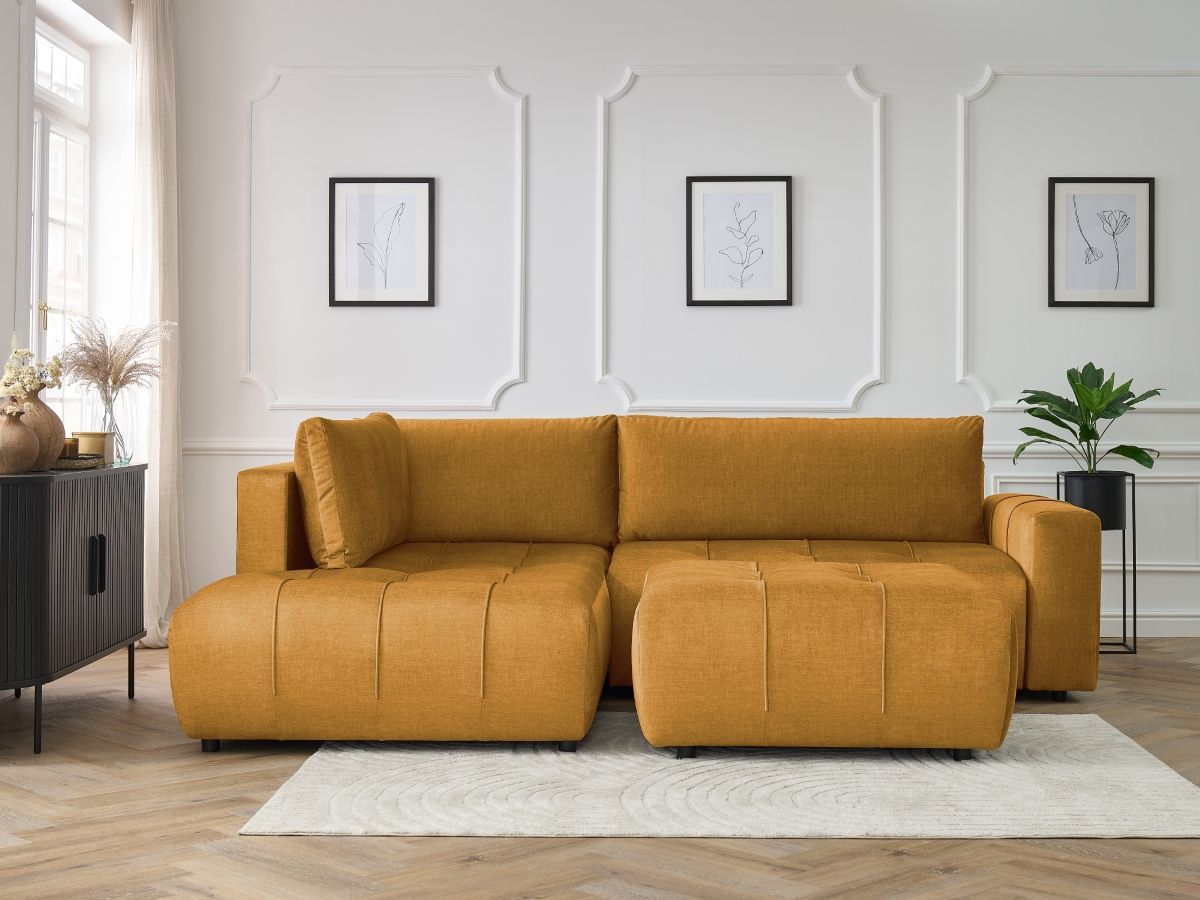 Bobochic Arsene Ecksofa mit Schlaffunktion und Bettkasten und Pouf 277 × 200 cm Samt Gelb Ecke links