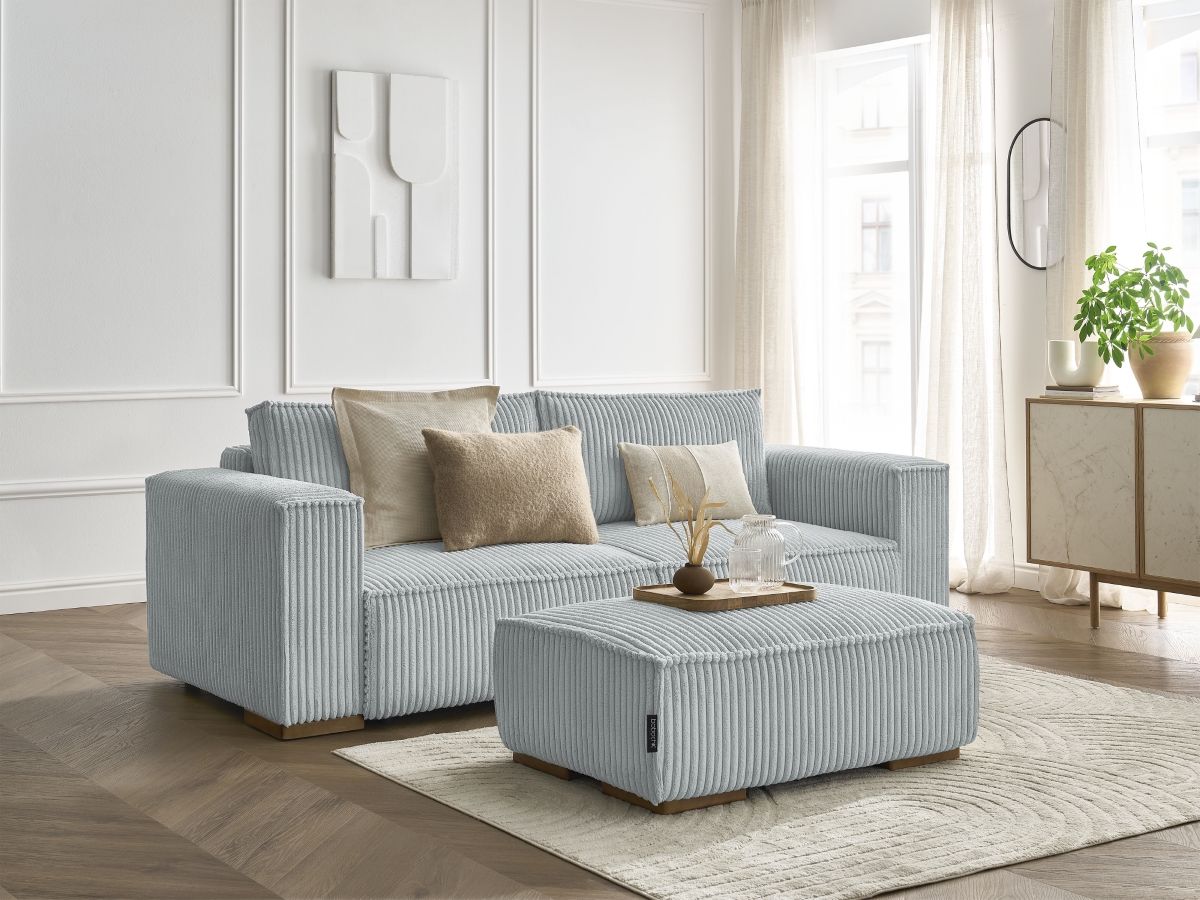 Bobochic Chelsea Schlafsofa 4-Sitzer mit Bettkasten und Pouf Breitcord weich Hellgrau