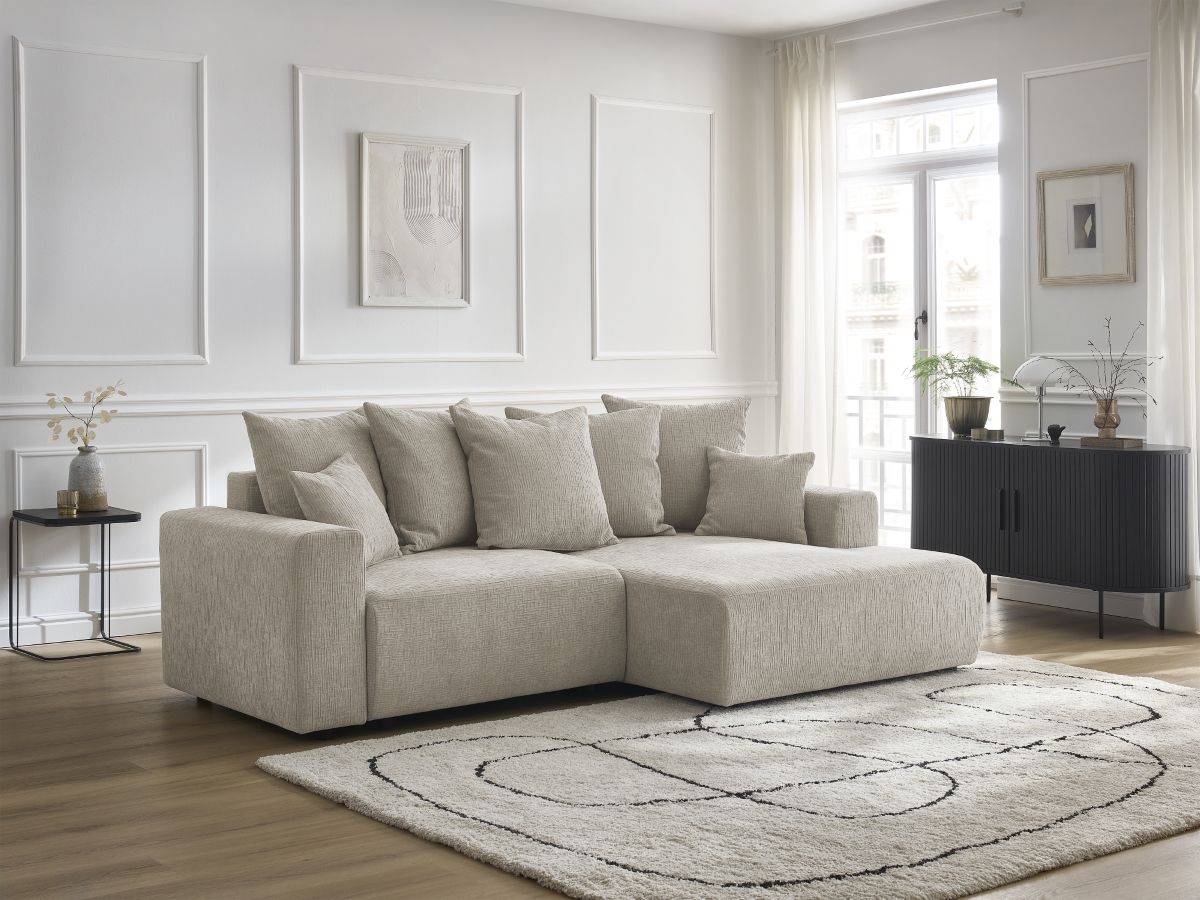 Bobochic Atilla Ecksofa mit Schlaffunktion und Bettkasten Strukturstoff Beige Ecke rechts