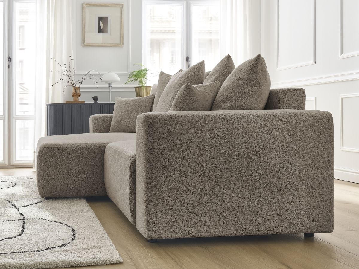 Bobochic Atilla Ecksofa mit Schlaffunktion und Bettkasten Melange-Stoff Taupe Ecke links