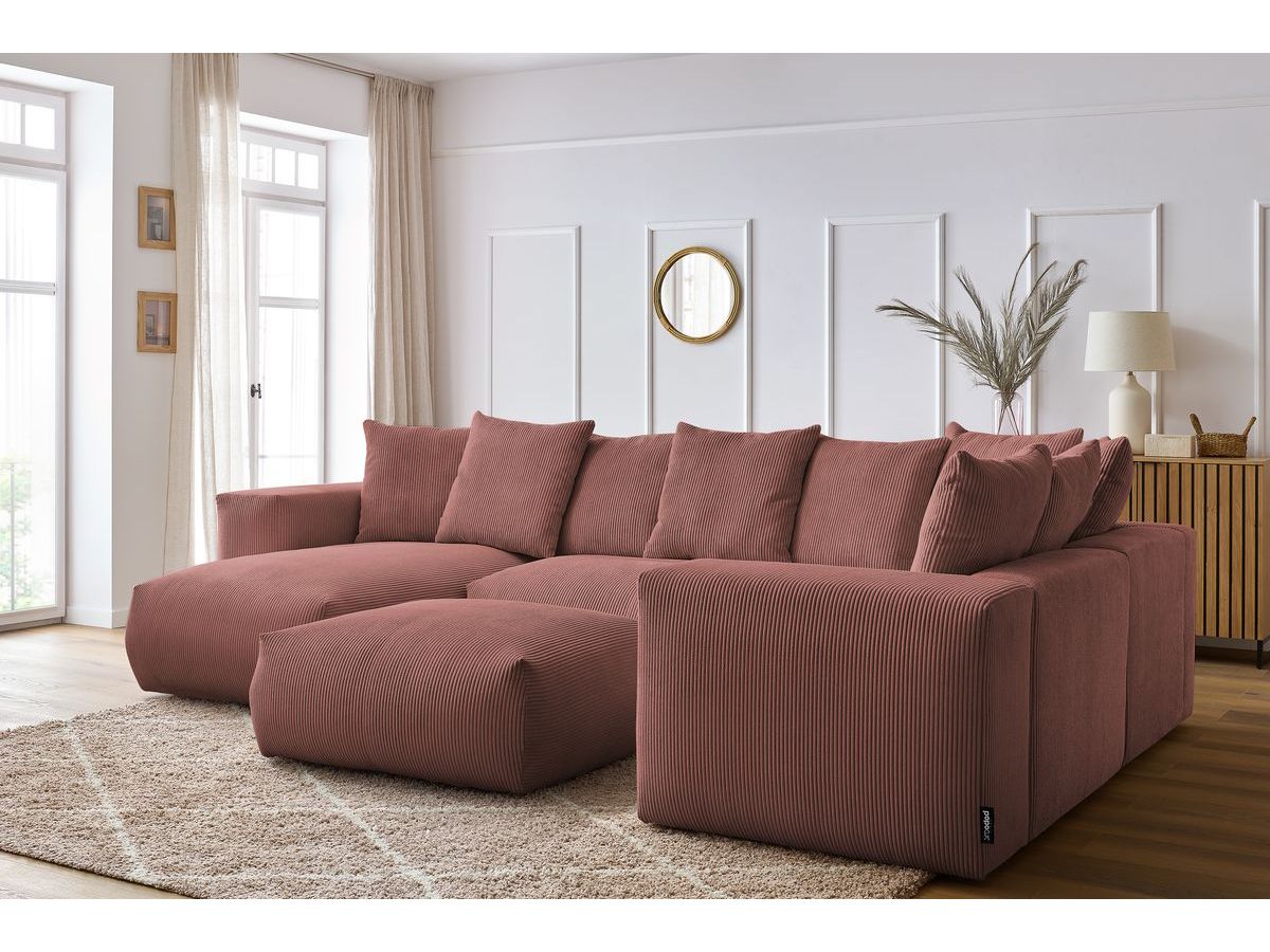 Bobochic Voltaire Wohnlandschaft mit Pouf 356 × 214 cm Cordsamt Rosa Ecke links